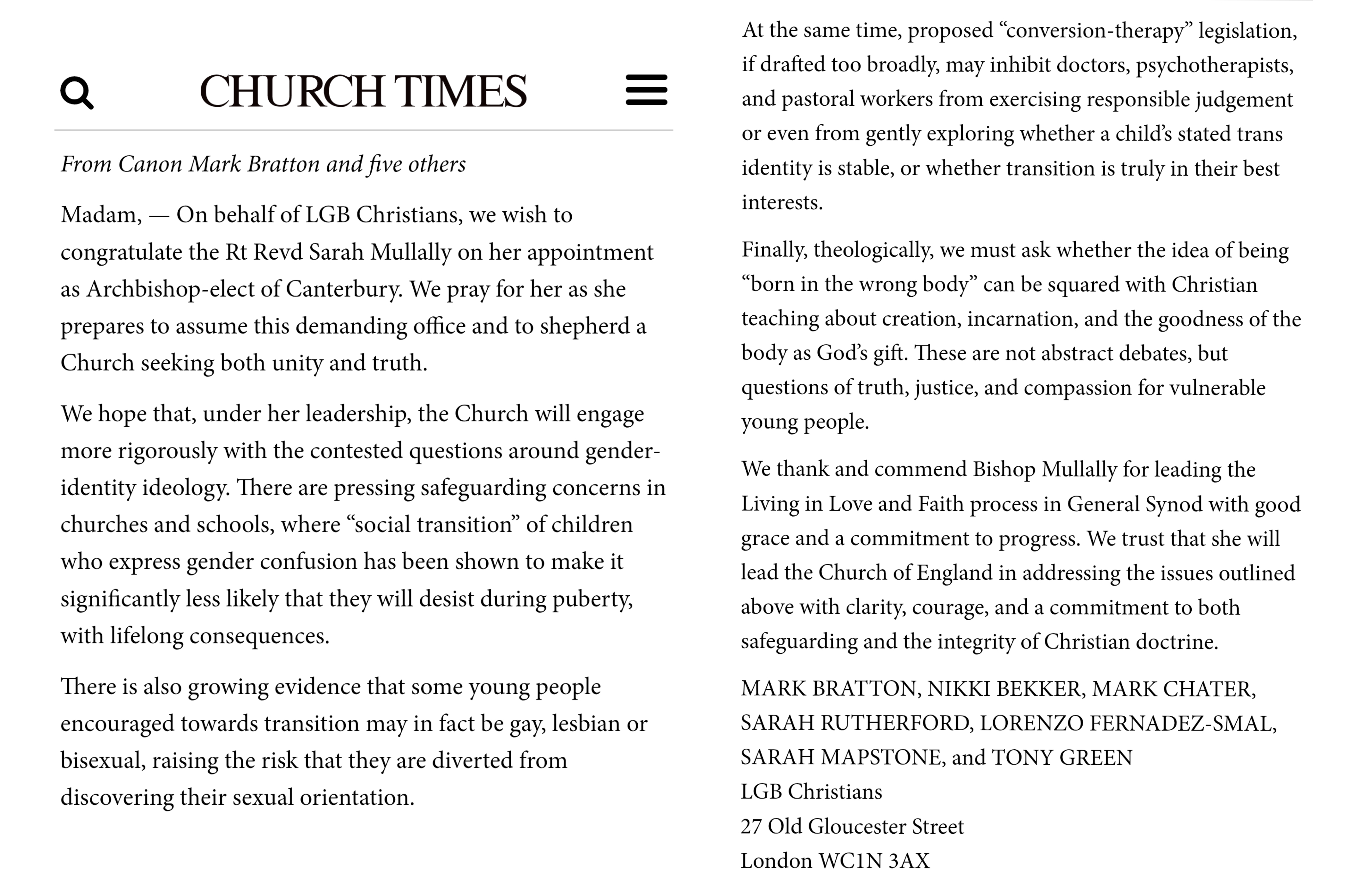 Mobile Screenshot of Letter to the Church Times on 10 October 2025